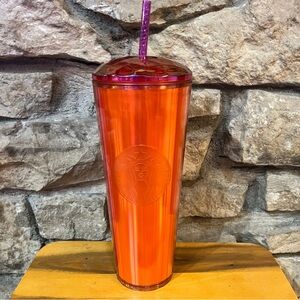 NWT STARBUCKS KITCHEN Orange & Pink Tumbler - Faceted Lid & Straw Starbucks Cups
